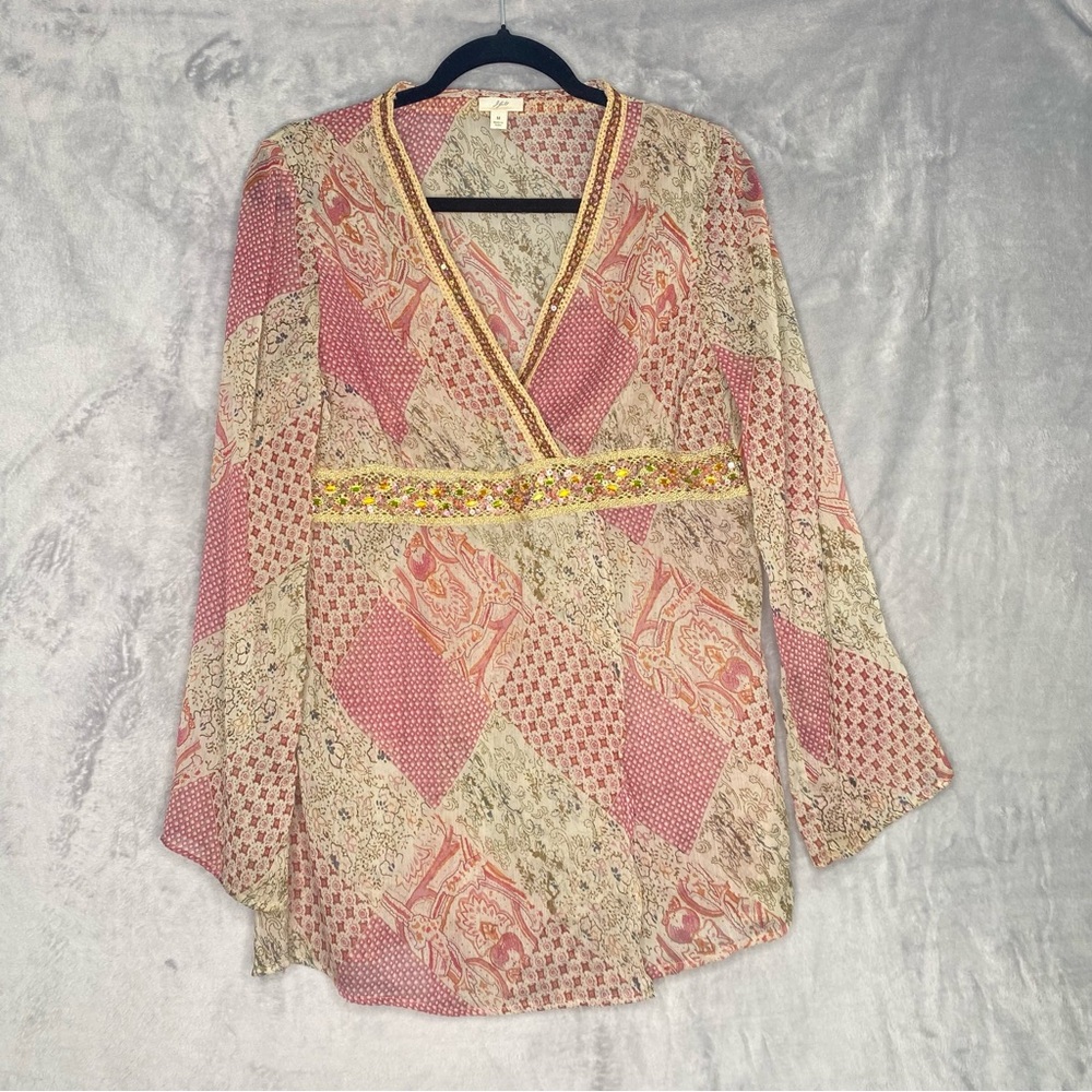 J.Jill Tunic Sheer Top Beaded and Embroidered Accents Patchwork Print Style SzM